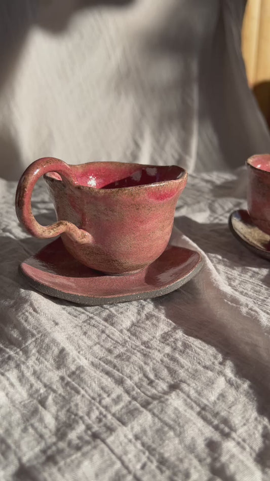 Set of Two Rustic Pink Cups with Saucers